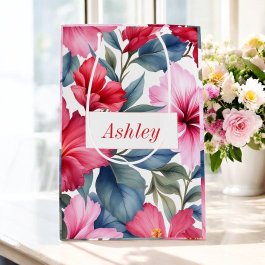 Rode Roze Bloemige Waterverf Hibiscus Elegant Medium Cadeauzakje