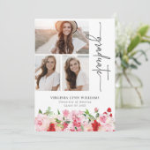 Rode Roze Bloemrijke Afstudeerfeest Aankondiging (Staand voorkant)
