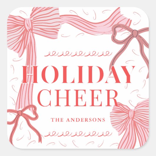 Rode & Roze Bogen Vakantie Cheer Foto Kerstmis Vierkante Sticker (Voorkant)
