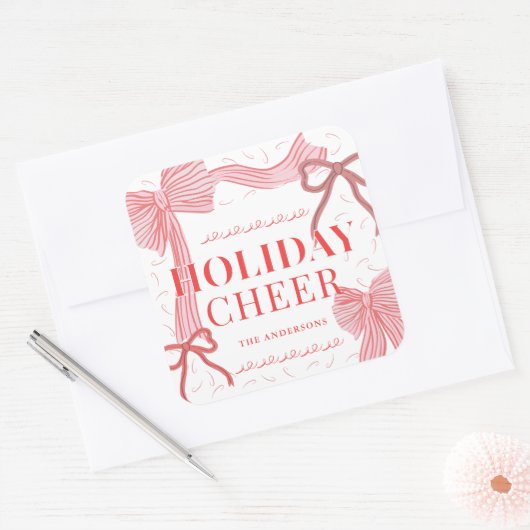 Rode & Roze Bogen Vakantie Cheer Foto Kerstmis Vierkante Sticker (Envelop)