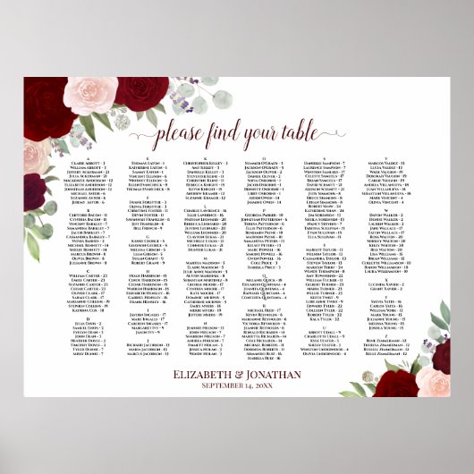 Rode & Roze Boho Rozen Alfabetische Zitplaats Char Poster (Voorkant)
