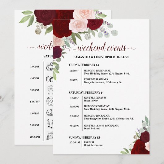 Rode & Roze Boho Rozen Trouw Evenementen & Tijdsch Programmakaart (Voorkant / Achterkant)