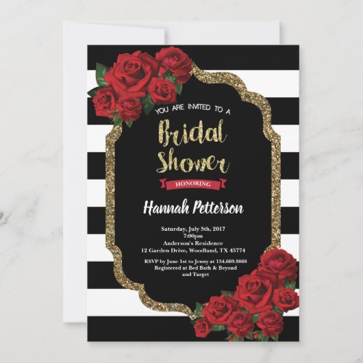 Rode roze bruiddouche uitnodiging zwart-wit goud (Voorkant)