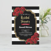 Rode roze bruiddouche uitnodiging zwart-wit goud (Staand voorkant)