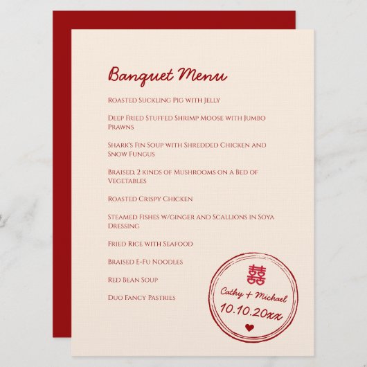 Rode roze chinese bruiloft dubbele zegels voor gel menu (Voorkant / Achterkant)