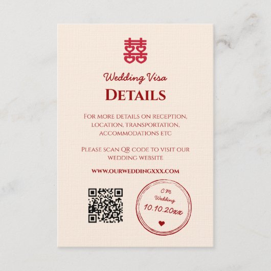 Rode roze chinese trouwvisa informatiekaartje (Voorkant)