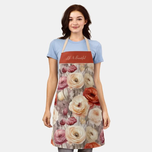 Rode Roze Crème Ranunculus Bloemen Schort (Gedragen)