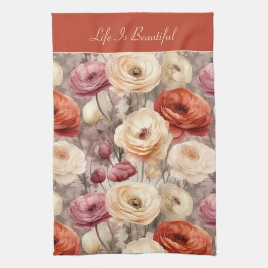 Rode Roze Crème Ranunculus Bloemen Theedoek (Verticaal)