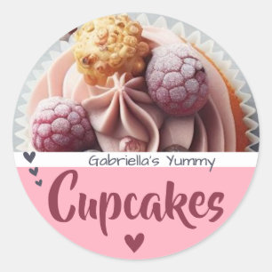 Rode Roze Cupcake Foto Sjabloon Baklabel Ronde Sticker