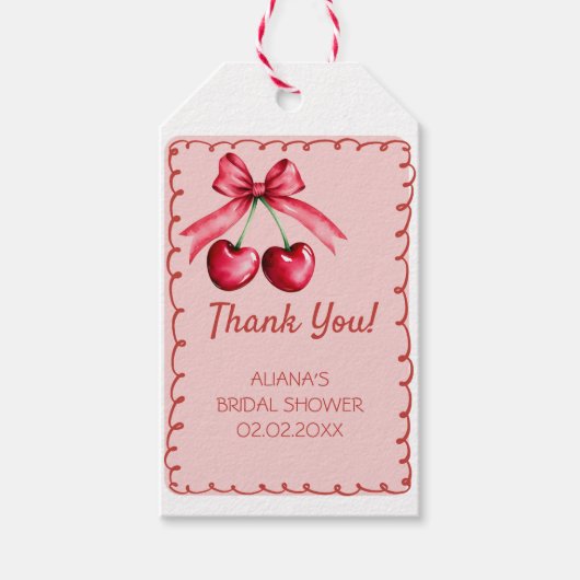 Rode Roze Cute Strik Kers op de Top Bruidsdouche Cadeaulabel (Voorkant)