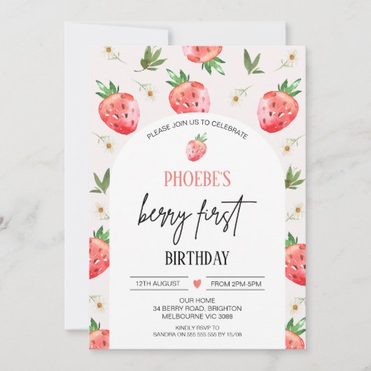 Rode Roze Daisy Strawberry Berry Eerste Verjaardag Kaart (Voorkant)