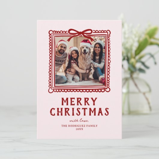Rode Roze Doodle Foto Lijst Kerst Feestdagenkaart (Staand voorkant)