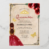  rode roze Elegant Quinceañera Real Gold Folie Uitnodiging (Voorkant)