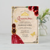  rode roze Elegant Quinceañera Real Gold Folie Uitnodiging (Staand Voorkant)