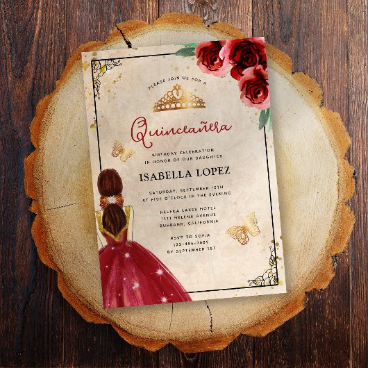  rode roze Elegant Quinceañera Real Gold Folie Uitnodiging