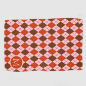 Rode Roze en Bruine Argyle Patroon Monogram Golfhanddoek (Horizontaal)