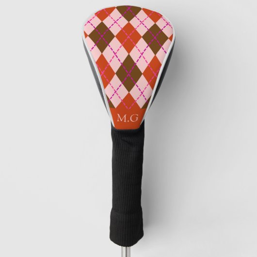 Rode Roze en Bruine Argyle Patroon Monogram Golfheadcover (Voorkant)