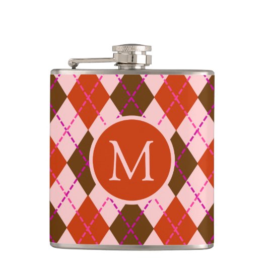 Rode Roze en Bruine Argyle Patroon Monogram Heupfles (Voorkant)