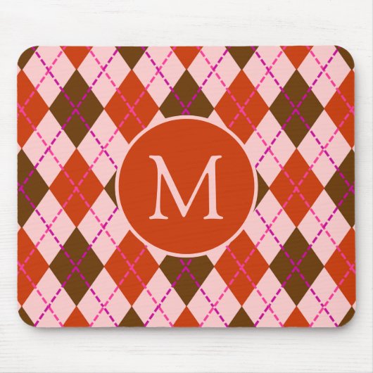Rode Roze en Bruine Argyle Patroon Monogram Muismat (Voorkant)