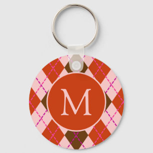 Rode Roze en Bruine Argyle Patroon Monogram Sleutelhanger