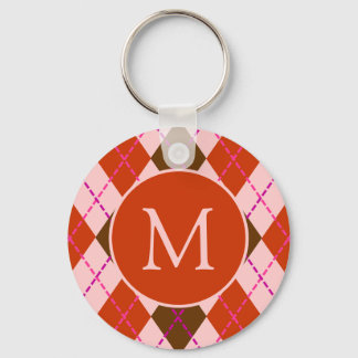 Rode Roze en Bruine Argyle Patroon Monogram Sleutelhanger