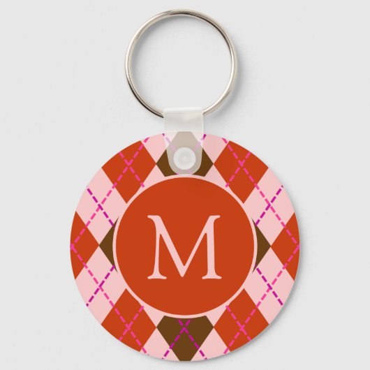 Rode Roze en Bruine Argyle Patroon Monogram Sleutelhanger (Voorkant)