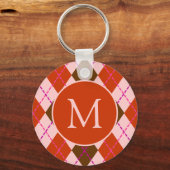 Rode Roze en Bruine Argyle Patroon Monogram Sleutelhanger (Achterkant)