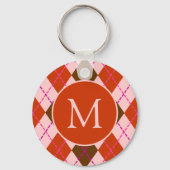 Rode Roze en Bruine Argyle Patroon Monogram Sleutelhanger (Achterkant)