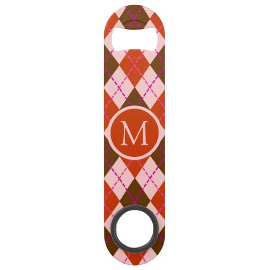 Rode Roze en Bruine Argyle Patroon Monogram Speed Flessenopener (Voorkant)