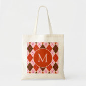 Rode Roze en Bruine Argyle Patroon Monogram Tote Bag (Voorkant)