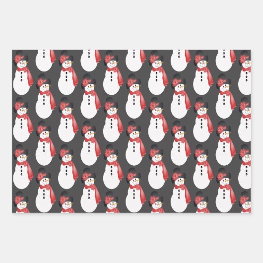 Rode Roze en Grijze Sneeuwman Inpakpapier Vel (Voorkant 2)