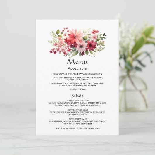 Rode, Roze en Groene Bloemige Bruiloft Menu (Staand voorkant)