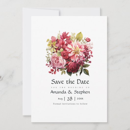Rode, Roze en Groene Bloemige Bruiloft Save The Date (Voorkant)