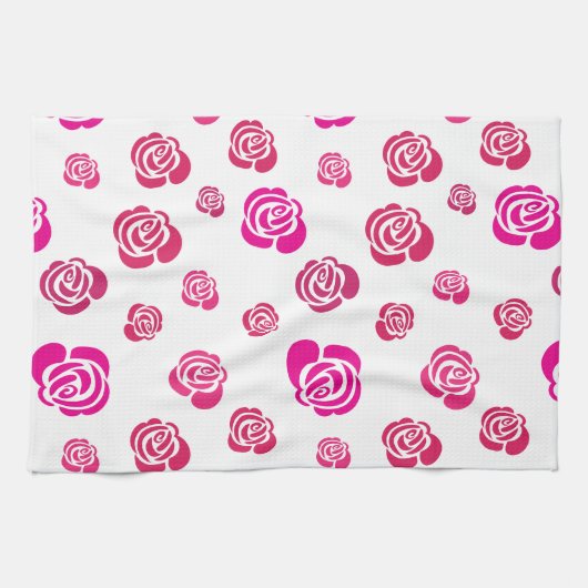 Rode Roze en Magenta Rozen in een Vloeiend Patroon Theedoek (Horizontaal)