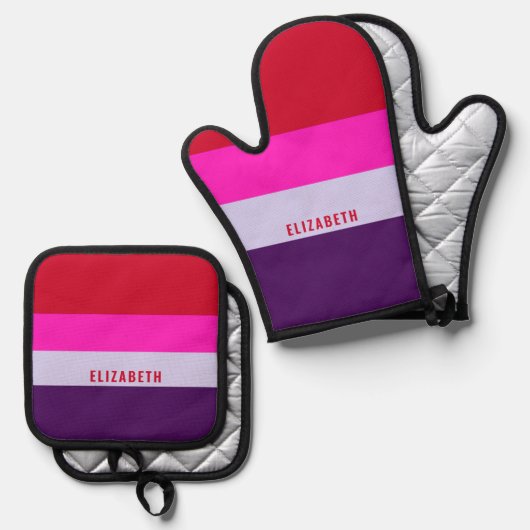 Rode, roze en Paarse streepjespatroon gepersonalis Ovenwant & Pannenlap Set (Voorkant / Achterkant)