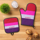 Rode, roze en Paarse streepjespatroon gepersonalis Ovenwant & Pannenlap Set (Top down)