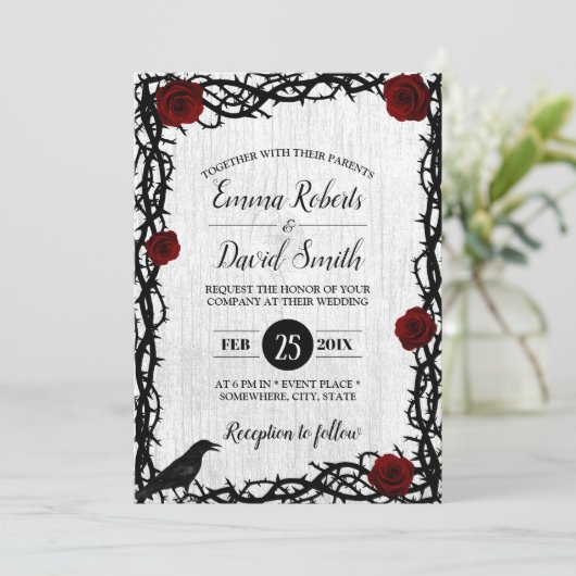 Rode roze en Thorn Lijst Rustic Fairytale bruiloft Kaart (Staand voorkant)