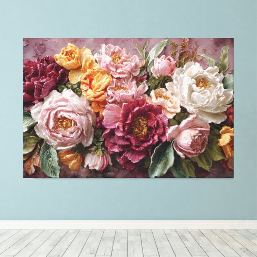 Rode, Roze en Witte Pioenrozen – Abstracte Wandkun Canvas Afdruk (Insitu (Houten vloer))