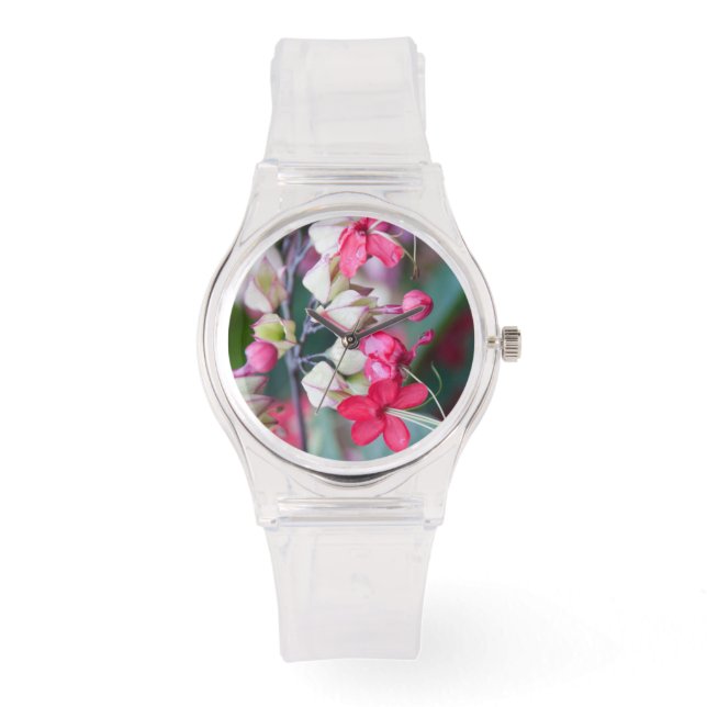 Rode roze en witte tropische bloemen horloge (Voorkant)