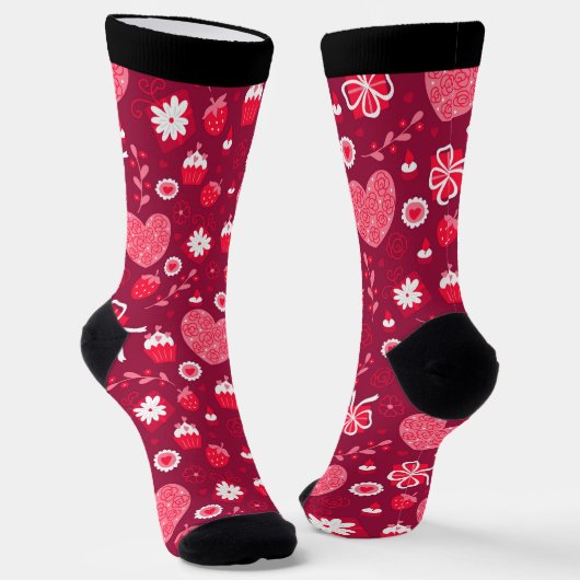 Rode roze en witte Valentijnshartenpatroon sokken (Gebogen)