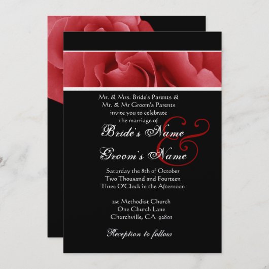 Rode roze en zwarte bruiloft kaart (Voorkant / Achterkant)