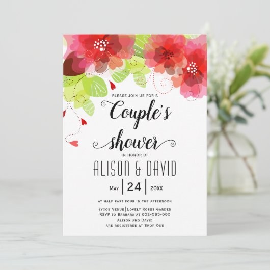 Rode, roze etherbloemen trouwparen douchen kaart (Staand voorkant)