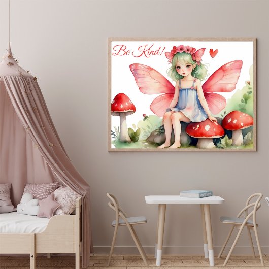 Rode Roze Fee met Paddenstoelen Wees Aardig Citaat Poster