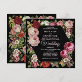 Rode roze Floral Greenery Rustic Black Wedding Kaart (Voorkant / Achterkant)