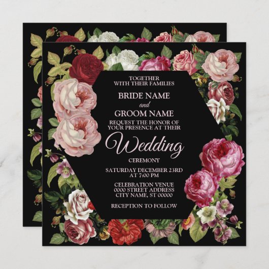 Rode roze Floral Greenery Rustic Black Wedding Kaart (Voorkant / Achterkant)
