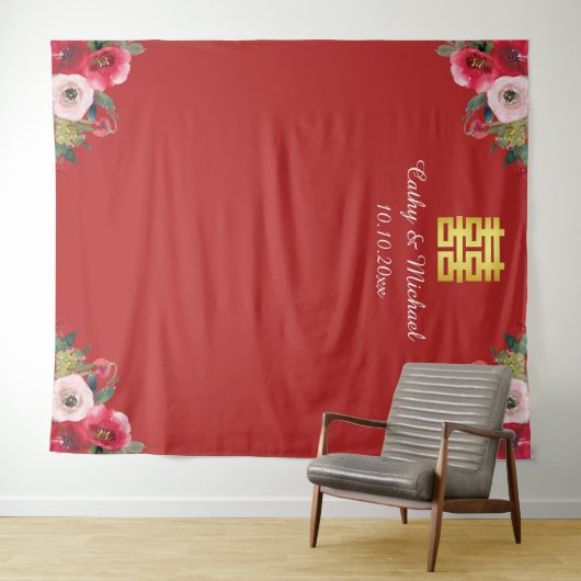 Rode roze florale chinese trouwfoto achtergrond wandkleed (In Situ (horizontaal))