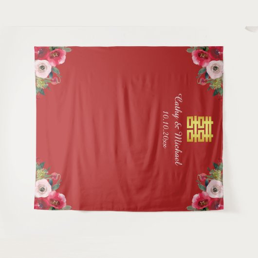 Rode roze florale chinese trouwfoto achtergrond wandkleed (Voorkant (horizontaal))