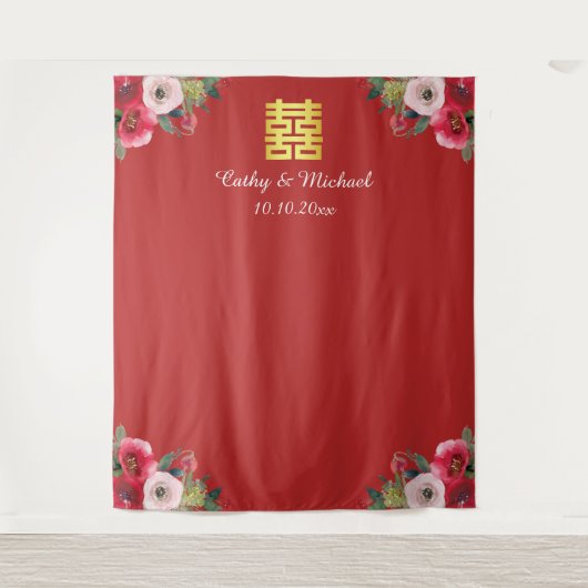 Rode roze florale chinese trouwfoto achtergrond wandkleed (Voorkant)