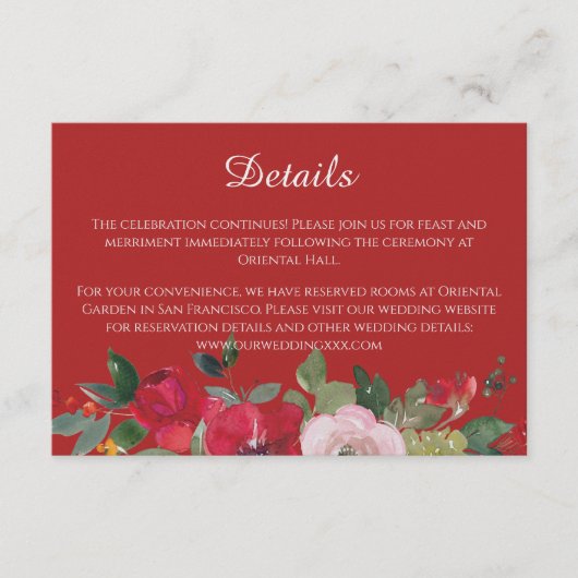 Rode roze florale moderne chinese trouwgegevens informatiekaartje (Voorkant)