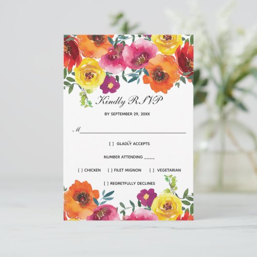 Rode roze geelbloem formele legante bruiloft RSVP (Staand voorkant)